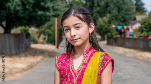 A young girl of South Asian descent in vibrant sari adorns a festive, lantern-lit path, echoing Diwali's glow