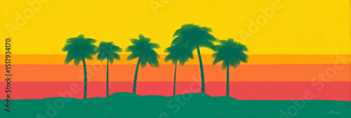 Tropical silhouette palms in vibrant sunset hues, capturing Reggae Day tranquility and World Environment Day's vivid promise
