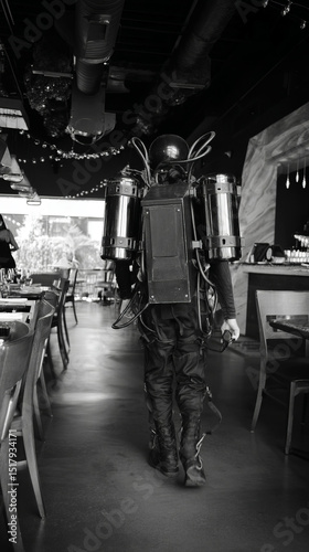 A futuristic explorer in cyberpunk gear wanders a dim restaurant, reminiscent of Steampunk Fest and RetroFuture Day