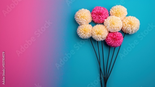 A bouquet of flowers in pink and white sits against a gradient background.