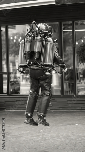 Retro-futuristic jetpack journey by a daring astronaut, igniting dreams on World Space Week, exploring cosmic possibilities