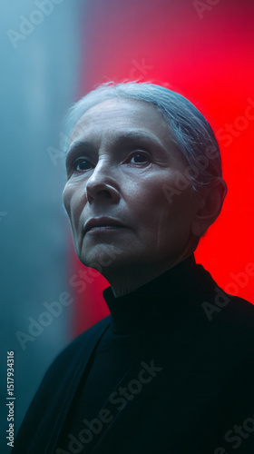 Ethereal elder woman with silver hair, basking in surreal red light, embodying wisdom for Samhain reflection and Day of Silence