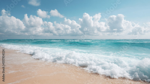 Crystal azure waves kiss the sunlit shore, evoking Ocean Day tranquility and the serene dance of coastal zephyrs