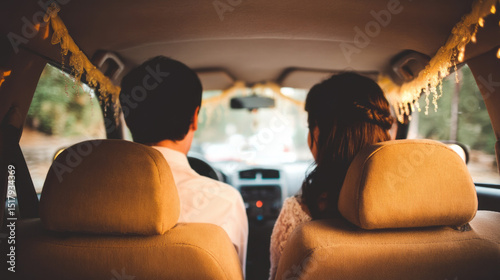 Romantic road trip, South Asian couple, enchanting car journey, love in motion, reminiscent of Bon Om Touk festivity