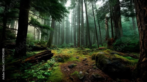 Misty Forest Floor with Tall Trees, Mossy Rocks, Ferns and a Narrow Dirt Path in a Pacific Northwest Temperate Rainforest
