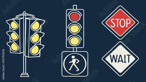 Stop, wait and go sign symbol set with red, yellow and green color. Collection traffic signs symbol. Sign stop, go and wait isolated set. in dark navy blue background Vector illustration.
