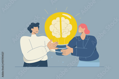 Male and female employees holding light bulbs with brains to share ideas, Sharing new ideas, Problem solving. Flat vector design illustration.