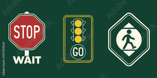 Stop, wait and go sign symbol set with red, yellow and green color. Collection traffic signs symbol. Sign stop, go and wait isolated set. in dark green background Vector illustration.
