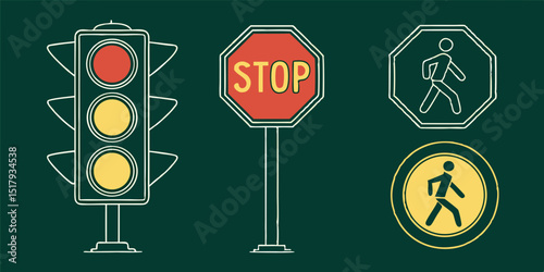 Stop, wait and go sign symbol set with red, yellow and green color. Collection traffic signs symbol. Sign stop, go and wait isolated set. in dark green background Vector illustration.
