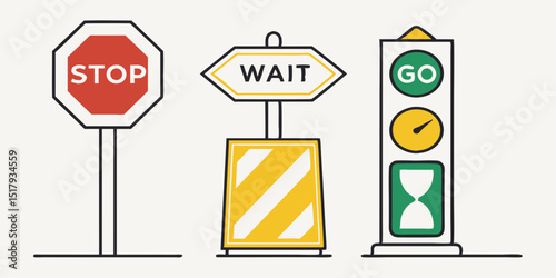 Stop, wait and go sign symbol set with red, yellow and green color. Collection traffic signs symbol. Sign stop, go and wait isolated set. Vector illustration.
