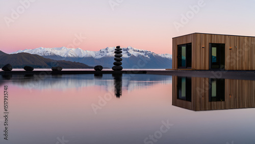 Zen stone stack reflected in tranquil lake with snow-capped mountains and modern cabin at dusk, creating a serene and balanced landscape