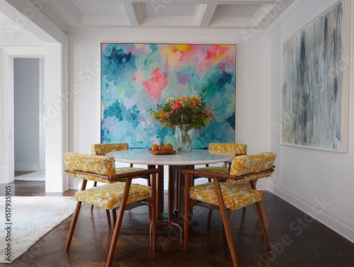 Dining room with colorful a...