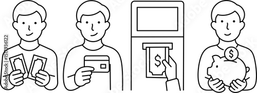 Financial transactions line icon set. Vector pictograms of cash payments, credit card use, ATM withdrawals, and savings with a piggy bank, representing banking and monetary exchanges.