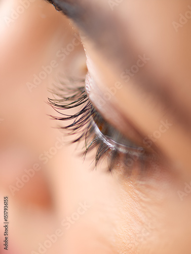 Close-up of a woman's eye with long eyelashes, showing detail of the skin, eyelid, and eye, emphasizing beauty, health, and natural skin tone
