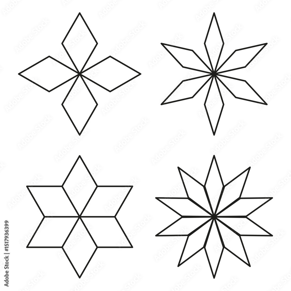 Obraz premium Geometric floral stars. Outline abstract symbols. Vector symmetry set. Decorative shape group.