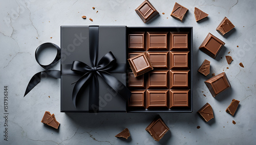 Elegant chocolate gift box with black ribbon on marble table, featuring gourmet sweets and delicious treats for a special occasion