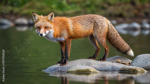 A stunning photo of a beautiful red fox standing carefully on stones over a calm water surface, intently focused on its prey. This pure wildlife shot captures the fox’s keen hunting instincts  photo
