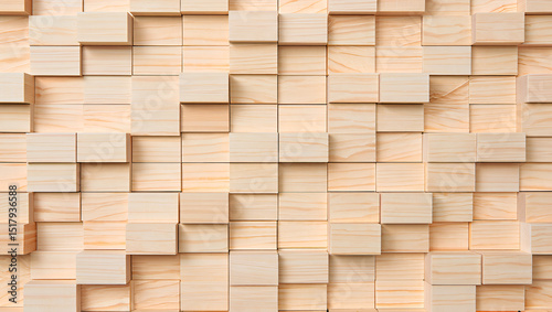 Wooden blocks creating a textured wall pattern with a natural, abstract design and geometric shapes