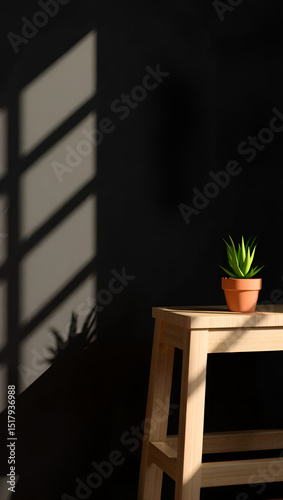 Succulent plant in a pot on a wooden table with window light and shadow against a dark wall, creating a minimal and modern indoor scene