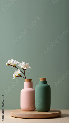 Elegant still life featuring pink and green vases with blossoming branch on wooden surface, creating a minimal and aesthetic composition