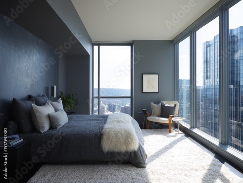 Modern bedroom with city vi...