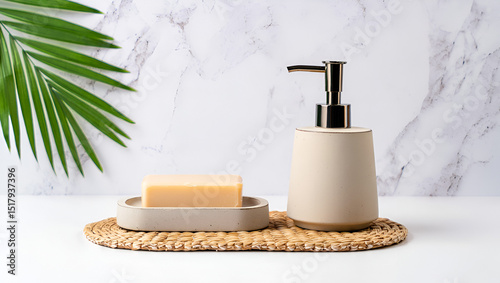 Soap and liquid dispenser with palm leaf isolated on white background, showcasing bathroom hygiene and personal care products