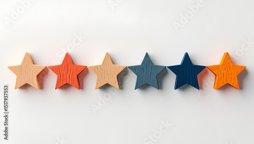 Colorful wooden stars isolated on white background arranged in a row, showcasing a variety of hues and tints in a simple, minimal design