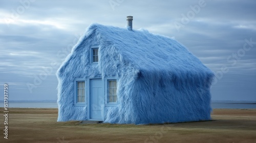 Surreal blue fur-covered house by the sea under cloudy sky photo