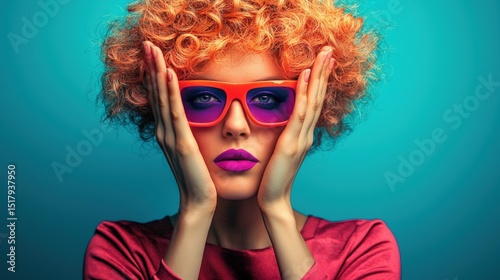A woman with orange hair and pink lips wears bright pink sunglasses and a red top.