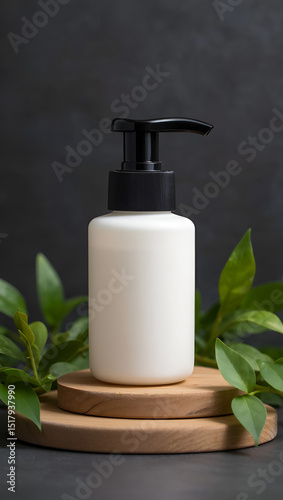 White cosmetic bottle with black pump dispenser on wooden podium surrounded by green leaves
