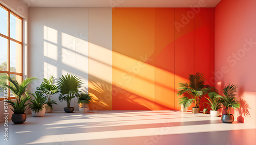 Bright interior with potted plants near a window casting shadows on a colorful wall, creating a modern and minimalist indoor space