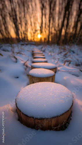 Snow covered wooden logs forming a path through a winter forest at sunrise, creating a tranquil and scenic landscape