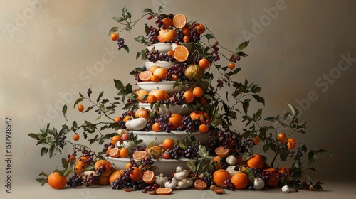 A still life arrangement of oranges, grapes, and mushrooms on a table.
