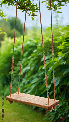Wooden swing hanging from a tree branch in a lush green garden, inviting relaxation and outdoor fun on a sunny day