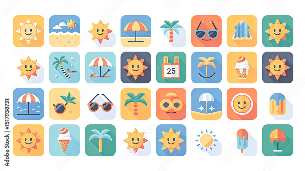Isolated set of icons representing summer and vacation. Sun, beach umbrella, palm tree, sunglasses, flip-flops, ice cream cone, cocktail, surfboard, beach ball, suitcase, airplane, map, camera Isolated set of icons representing summer and vacation. Sun, beach umbrella, palm tree, sunglasses, flip-flops, ice cream cone, cocktail, surfboard, beach ball, suitcase, airplane, map, camera