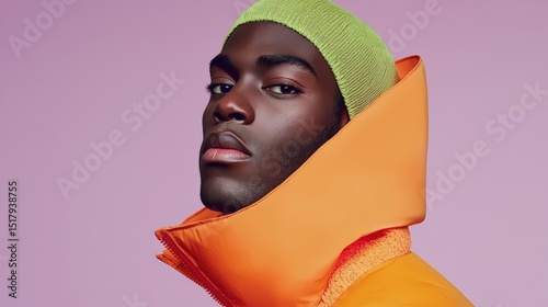 A man wearing an orange jacket and green beanie.