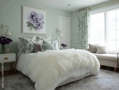 A light green bedroom with ...