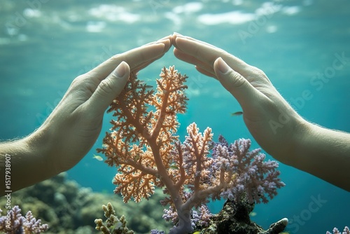 hand protect coral reef underwater. Sea life protection photo