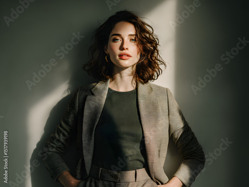 fashion editorial photo of a woman in a khaki 