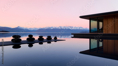 Zen stones balanced on platform reflecting in lake at dawn with snow-capped mountains and modern building in tranquil landscape