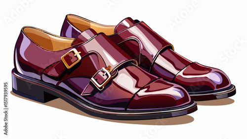 Polished double monk strap shoes in deep burgundy displayed close-up on a bright white backdrop, featuring metallic buckles, clean silhouette, elegant finish, and a mix of bold and formal style.

