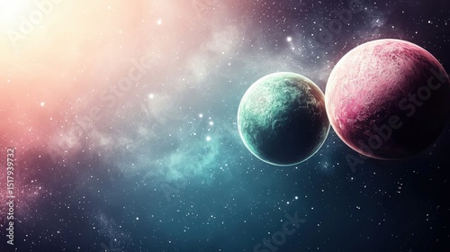 A deep space scene with two planets and a star.