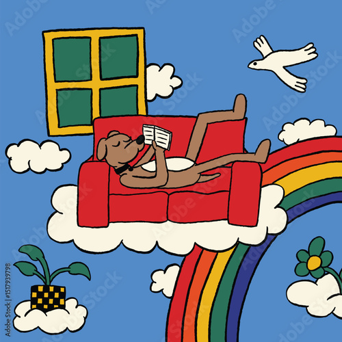 dog reading book on sofa retro cartoon character illustration