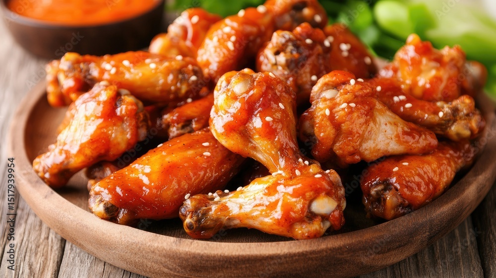 A close-up shot of juicy, sticky baked barbecue chicken wings, coated with a thick glaze and finished with sesame seeds. A close-up shot of juicy, sticky baked barbecue chicken wings, coated with a thick glaze and finished with sesame seeds.