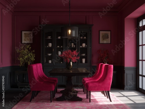 Crimson dining room with da...