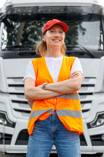 Wallpaper Mural Portrait young adult happy smiling woman heavy truck driver modern cargo vehicle cabin background. Female person girl professional job career working driving freight engine lorry. Logistics industry Torontodigital.ca
