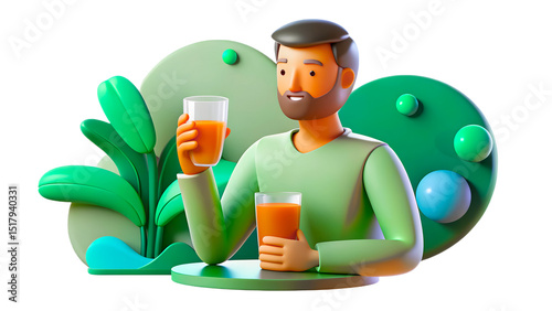 Сolorful modern illustration of a happy man enjoying fruit juice, surrounded by vibrant green plants. Вesign exudes freshness and health, portraying a cheerful and refreshing environment.