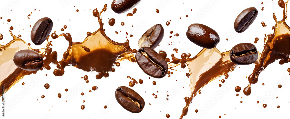 Fototapeta premium Dramatic coffee bean splash on black background illustrating refreshment and energy