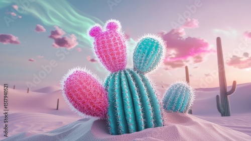A surrealistic desert scene with a pink and blue cactus in the foreground.