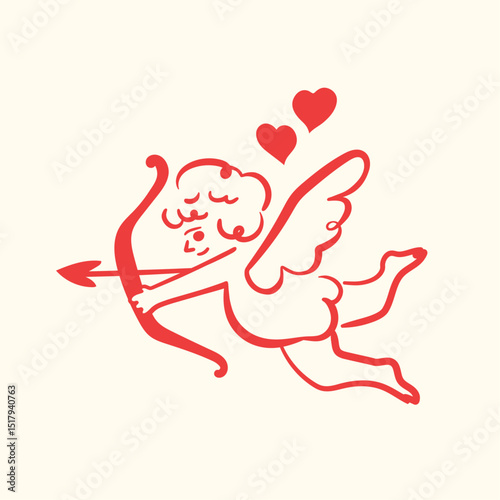 Hand drawn cute whimsical cupid with bow and arrow for romantic themes